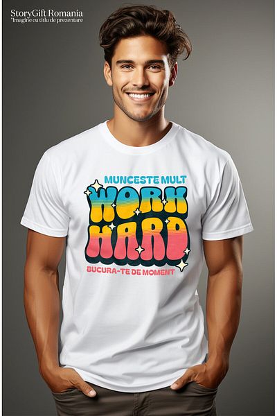 StoryGift Romania Tricou Barbati cu Mesaj Colorat Multicolor Stele Stralucitoare Motivational Munc,White_M