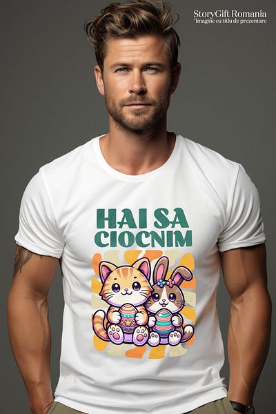 StoryGift Romania Men's T-Shirt with Family Lovers Orange Cat and Rabbit with Colorful Eggs,White_L