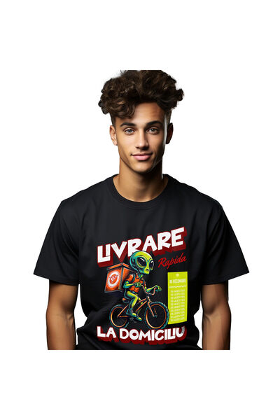 StoryGift Romania Tricou Barbati cu Extraterestru Curier Cu Bicicleta Si Cuti...