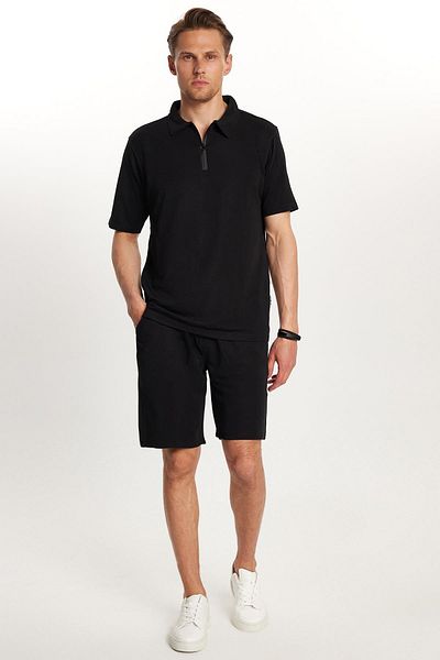 Tudors Men's Standard Fit Cotton Zip Polo Neck T-Shirt with Lace-Up Waist Black Shorts Set