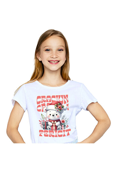 StoryGift Romania Tricou Copii cu Urs Alb Cu Fular Si Caciula Mos Craciun Cad...