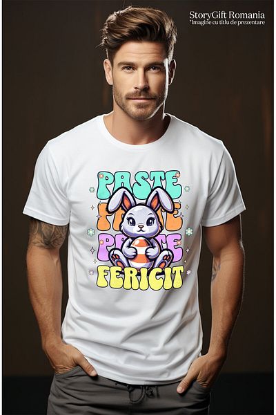 StoryGift Romania Tricou Barbati cu Iepure De Paste Mov Vesel Cu Ou Colorat In Brate, sarbatori cu,White_L
