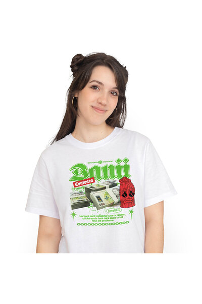 StoryGift Romania Tricou Femei cu Teancuri Bancnote 500 Lei, Cagula Rosie Suparata, Investiri Fina,White_XL