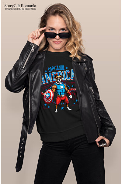 StoryGift Romania Women's T-Shirt with Boxer Dog in Captain America Costume with Cape, Hero Noctu, Black_XS