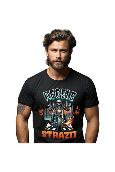 StoryGift Romania Tricou Barbati cu Schelete Uman Motociclist Cu Tinuta De Pi...