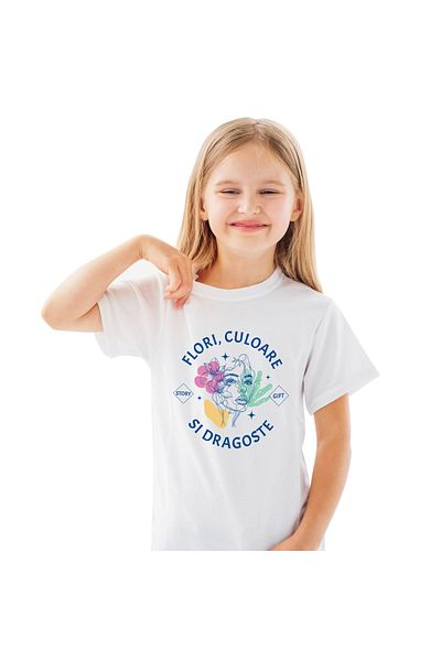 StoryGift Romania Tricou Copii cu Chip Feminin Flori Colorate, Dragoste Fata De Natura cu imprimeu,White_6ANI