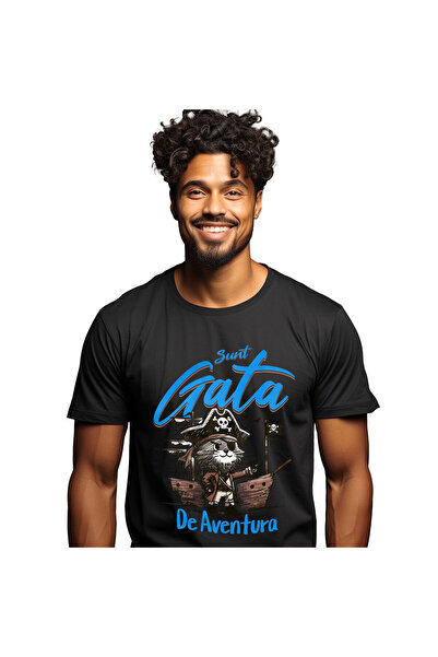 StoryGift Romania Tricou Barbati cu Pisica Pirat Cu Palarie Si Corabie De Lem...