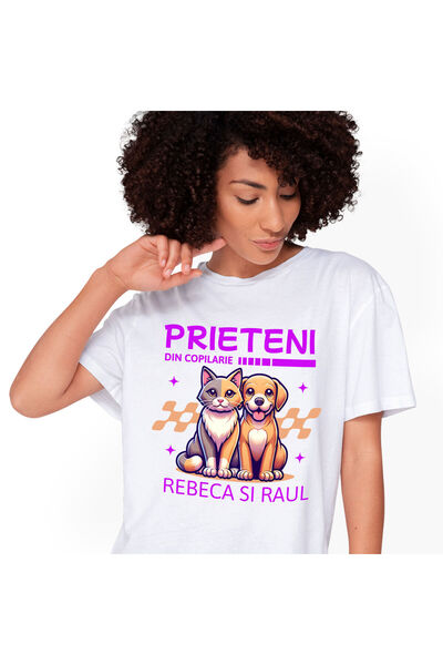 StoryGift Romania Tricou Femei cu Pisica Si Caine Portret Cuplu Animale Priet...