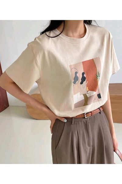 Viyalente Μπλουζάκι Beige Γυναικείο εμπριμέ Oversize