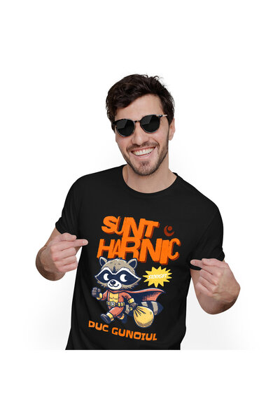 StoryGift Romania Tricou Barbati cu Animal Cu Pelerina De Super erou, Sac Galben, Desene Animate c,Black_S