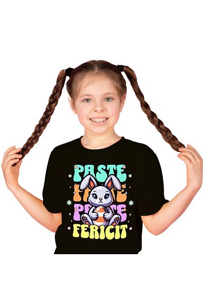 StoryGift Romania Tricou Copii cu Iepure De Paste Mov Vesel Cu Ou Colorat In Brate, sarbatori cu i,Black_10ANI