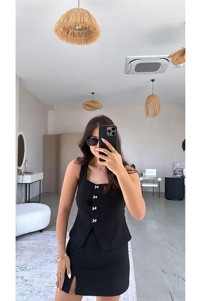Buket Teke Black Bow Buttoned Fabric Vest