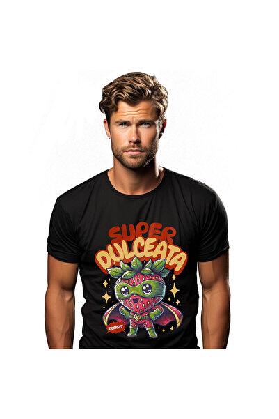 StoryGift Romania Tricou Barbati cu Super Erou Capsuna Cu Capa Rosie, Fructe Si Legume, desene Ani,Black_M