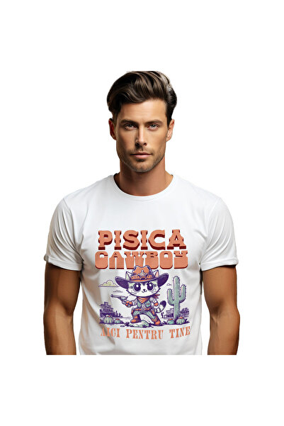 StoryGift Romania Tricou Barbati cu Pisica Stil Cowboy Vestul Salbatic, Iubit...