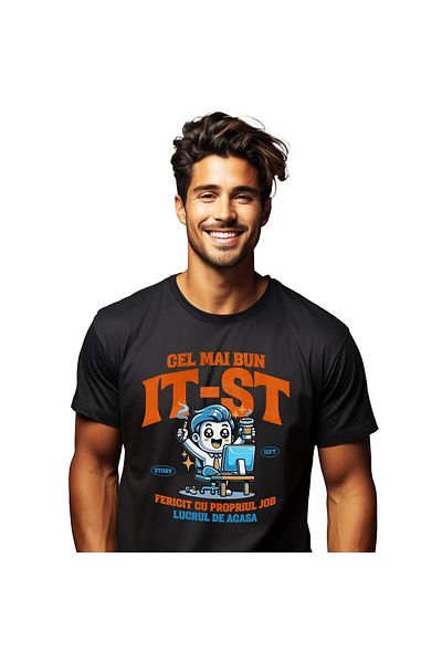 StoryGift Romania Tricou Barbati cu Barbat Vesel La Birou Cu Pahar De Cafea Si Tigara Lucru De Aca,Black_M