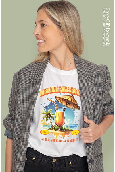 StoryGift Romania Women's T-shirt with Elegant Glass of Fresh Oranges on the Sand Tropical Beach, Cow, White_S