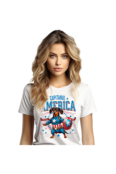 StoryGift Romania Tricou Femei cu Teckel / Dachshund Caine In Costum de Capitan America cu Pelerin,White_XS