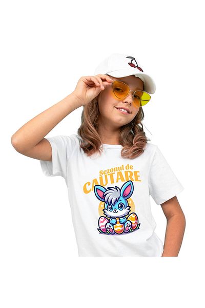 StoryGift Romania Tricou Copii cu Iepure Albastru Cu Freza Si Oua Colorate De Paste, Distractie, C,White_8ANI