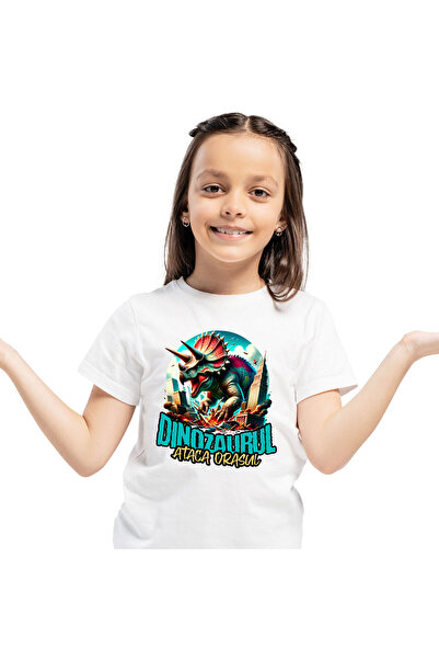 StoryGift Romania Tricou Copii cu Dinozaur Fioros Distruge Oras 3D, Copii, De...