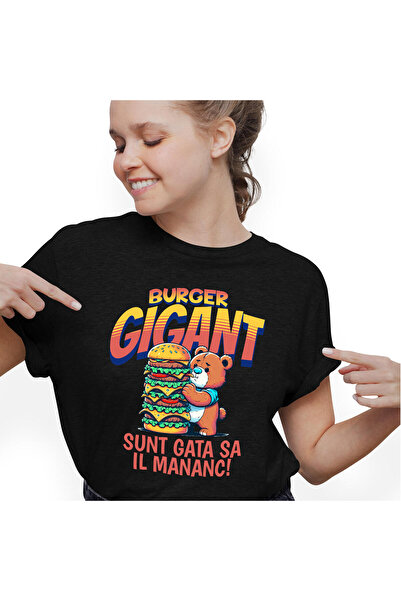 StoryGift Romania Tricou Femei cu Urs De Plus Cu Burger Gigant Fast Food mancare Animal cu imprime,Black_XS