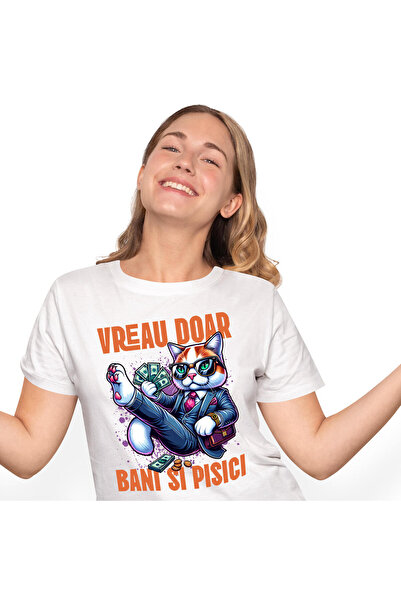StoryGift Romania Tricou Femei cu Pisica In Costum Office Cu Bancnote Bani Av...