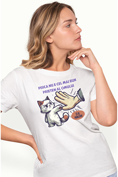 StoryGift Romania Tricou Femei PIsica batand palma cu un om, text haios PISIC...