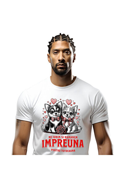 StoryGift Romania Tricou Barbati cu Portret Romantic Cuplu Caini Cu Funde Ros...