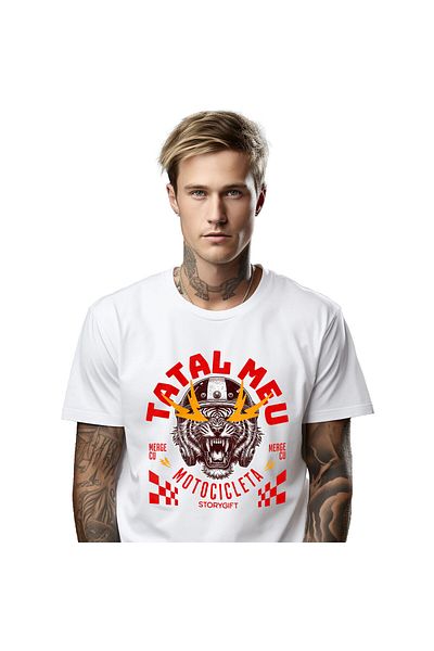 StoryGift Romania Men's T-Shirt with Angry Tiger with Helmet Protection Long Fangs Motorcycle Family,White_XS