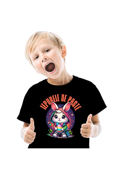 StoryGift Romania Tricou Copii cu Iepure Alb Cu Pelerina Multicolor Si Papion Ou Colorat Sarbatori,Black_12ANI