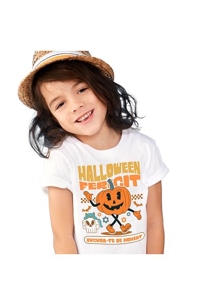 StoryGift Romania Tricou Copii cu Dovleac De Hallowen Vesel, Craniu Uman Cu Pisica, Flori Colorate,White_10ANI