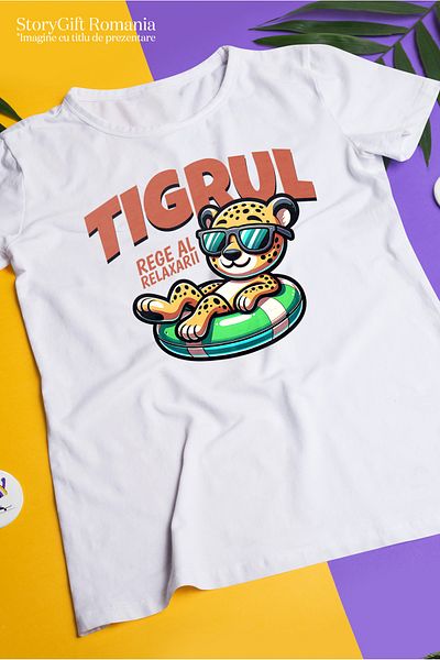 StoryGift Romania Women's T-shirt Tiger-King of Relaxation, with print on the Front, 100% Cotton, White, X WHT_XS