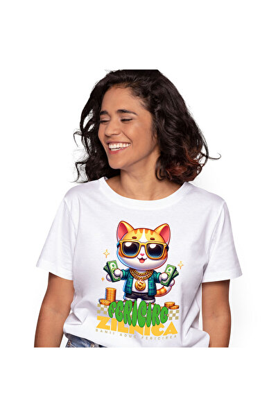 StoryGift Romania Tricou Femei cu Pisica Stil Gangster Cu Bancnote Bani si Bi...