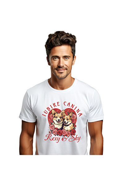 StoryGift Romania Tricou Barbati cu Portret Cuplu Valentine's Day Caini Cu Fl...