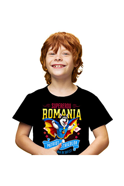 StoryGift Romania Children's T-shirt with Siberian Husky / Siberian Husky Dog in Captain Roman Costume, Black_6 YEARS