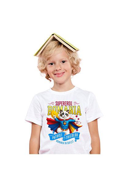 StoryGift Romania Children's T-shirt with Ragdoll Cat in Captain Romania Costume with Cape, Hero No, White_10ANI