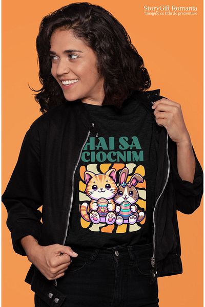 StoryGift Romania Women's T-Shirt with Family Lovers Orange Cat and Rabbit with Colored Eggs,Black_XL