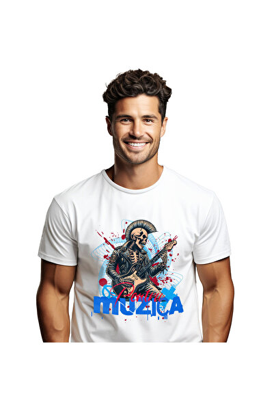 StoryGift Romania Tricou Barbati cu Schelete Uman Cu Geaca De Piele Si Chitara Electrica Muzica Ro,White_S