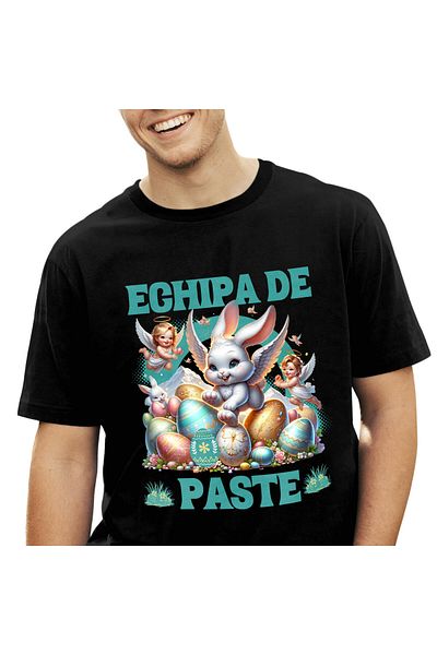 StoryGift Romania Tricou Barbati cu Iepure Fericit Cu Aripi De Inger, Oua colorate De Paste, Bebel,Black_S