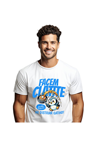 StoryGift Romania Tricou Barbati cu Pinguin In Bucatarie Cu Tigaie Clatite Te...