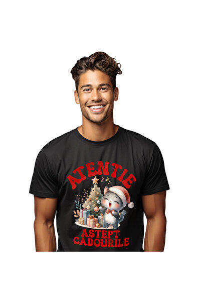 StoryGift Romania Tricou Barbati cu Pisica Cu Caciula de Mos Cantand Langa Br...