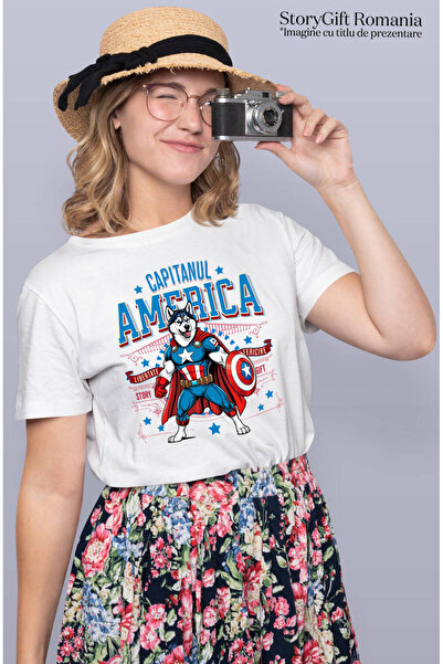 StoryGift Romania Women's T-shirt with Siberian Husky / Siberian Husky Dog in Captain America Costume,White_XL
