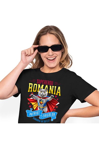 StoryGift Romania Tricou Femei cu British Shorthair Pisica In Costum de Capitan Romania cu Pelerin,Black_XS