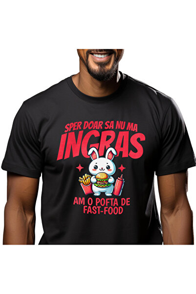 StoryGift Romania Tricou Barbati cu Iepure Alb Blajin Cu Fast Food Burger Si ...
