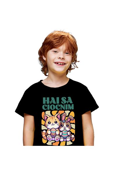 StoryGift Romania Tricou Copii cu Iubitorii De Familie Pisica portocalie Si Iepure Cu Oua Colorate,Black_6ANI