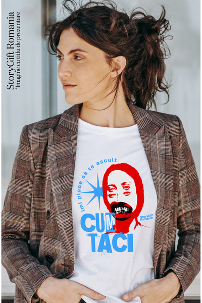 StoryGift Romania Tricou Femei Text Imi place sa te ascult cand taci, chip uman cu imprimeu pe Fat WHT_L