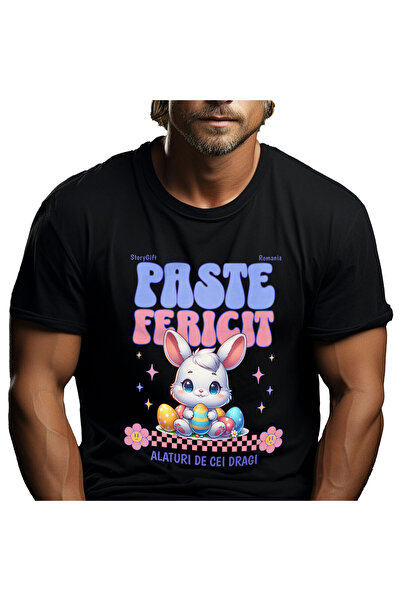 StoryGift Romania Tricou Barbati cu Iepure Alb Copii Cu Oua Colorate Pascal F...