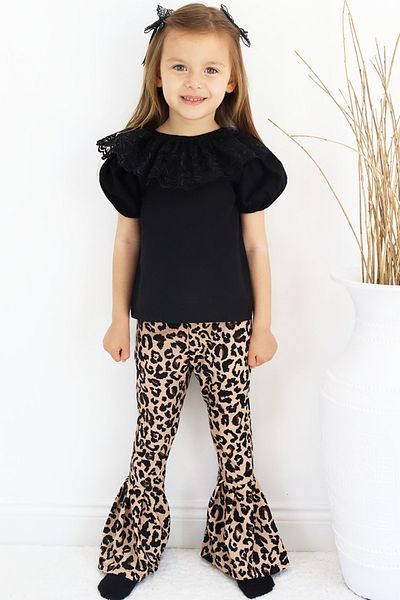 Parla Kids Girl's Lace Detailed Short Sleeve Black Blouse Spanish Leggings Trousers Buckle Top Bottom Set