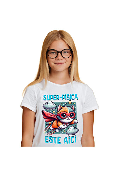 StoryGift Romania Tricou Copii cu Pisica In Aer Cu Pelerina si Masca De Super-Erou, Desene Animate,White_10ANI