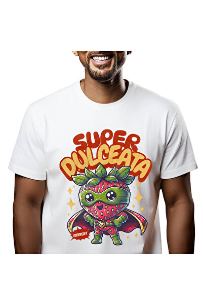 StoryGift Romania Tricou Barbati cu Super Erou Capsuna Cu Capa Rosie, Fructe Si Legume, desene Ani,White_L