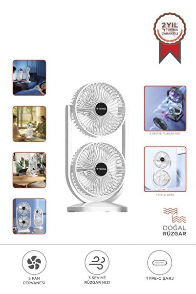 Torima F-22 Beyaz Mini Fan | Taşınabilir Çift Başlıklı Sessiz Vantilatör | Ty...